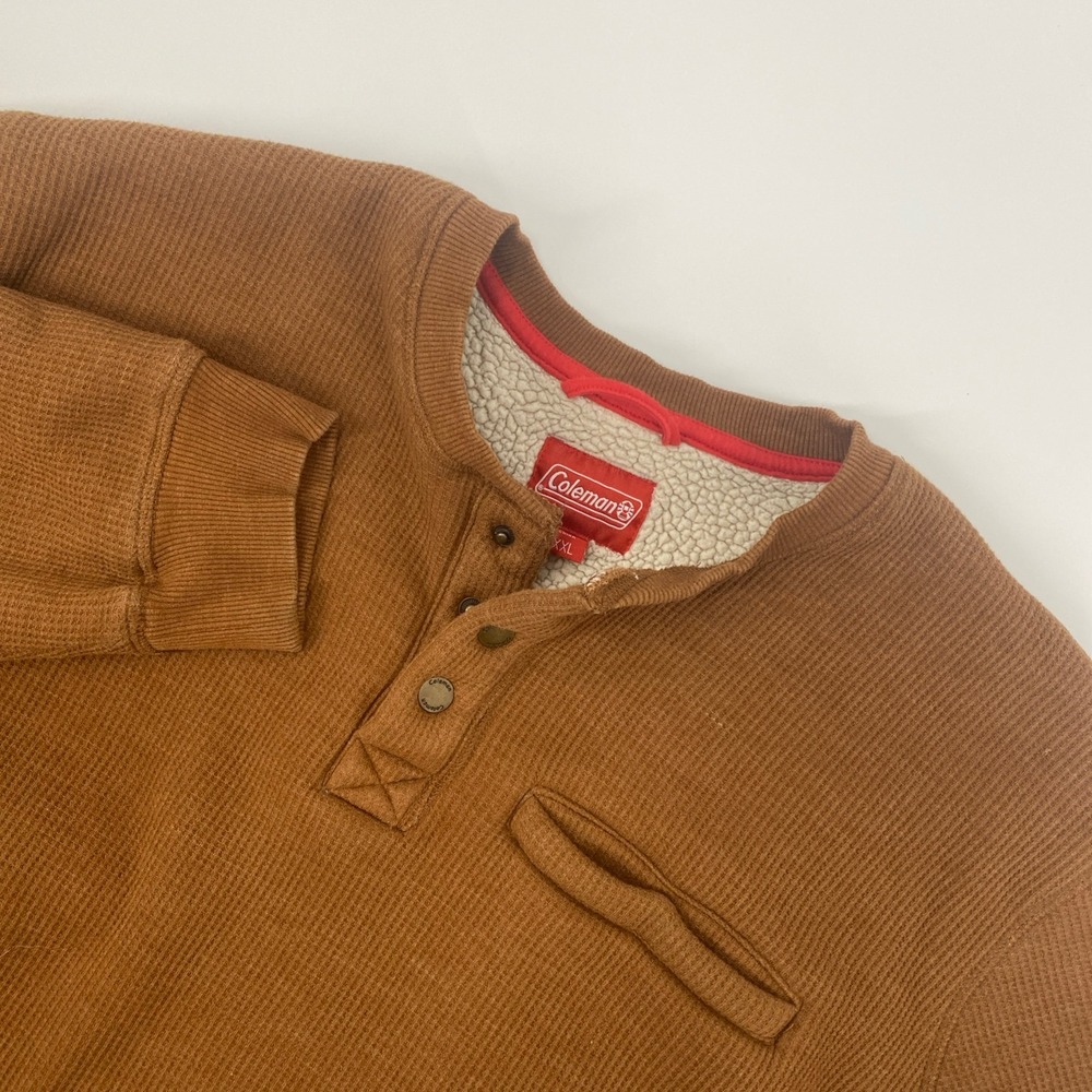 Coleman Pullover Waffle Knit Henley Mens XXL Brown Sherpa Thermal Outdoors Cabin